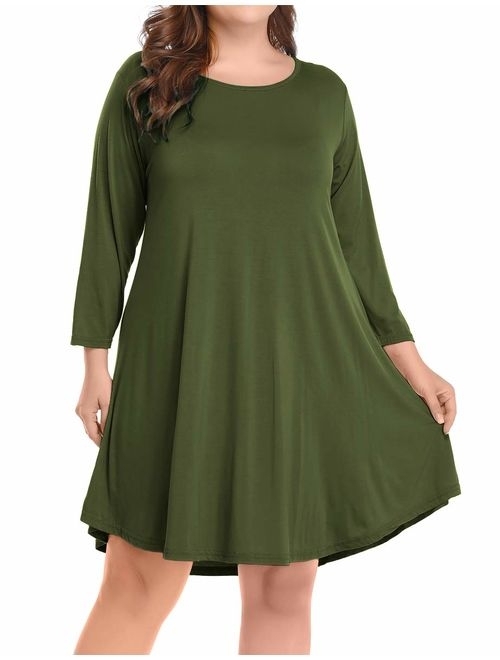 BELAROI Women's Casual Flare Plain Simple 3/4 Sleeve T-Shirt Loose Dress
