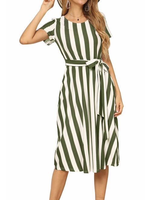 Buy levaca Women's Short Sleeve Striped Casual Flowy Midi Belt Dress with  Pockets online | Topofstyle