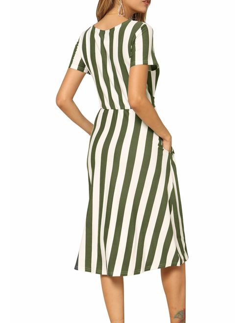 levaca Women's Short Sleeve Striped Casual Flowy Midi Belt Dress with Pockets