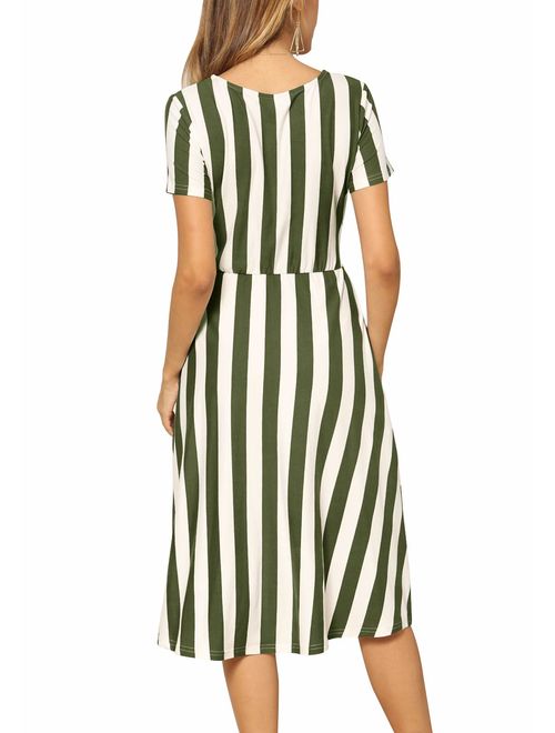 levaca Women's Short Sleeve Striped Casual Flowy Midi Belt Dress with Pockets