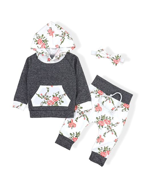 Baby Girls Long Sleeve Flowers Hoodie Tops and Pants Outfit with Pocket Headband
