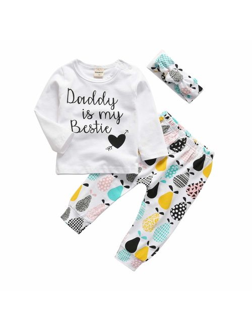 3Pcs Baby Girl Outfits Set Long Sleeve T-Shirt Tops Flowers Pants with Headband