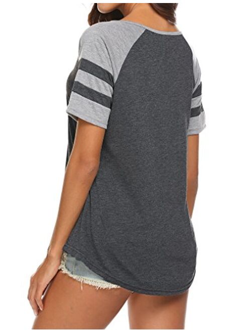 Locryz Women's Summer V Neck Raglan Short Sleeve Shirts Casual Blouses Baseball Tshirts Top