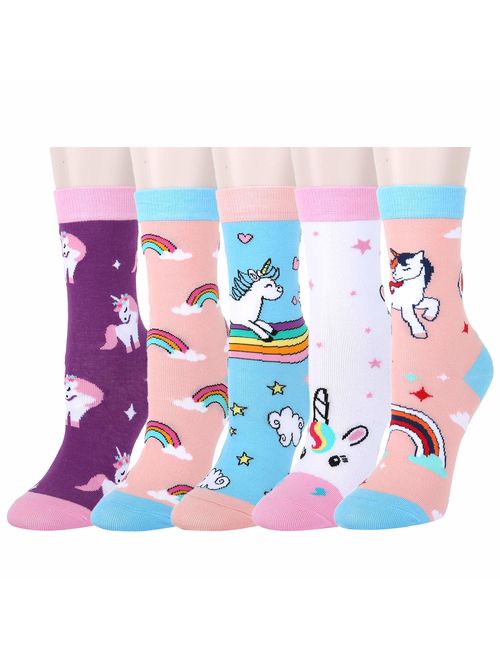 5 Pack Girls Novelty Cute Unicorn Socks, Colorful Fun Animal Pattern Gifts Box