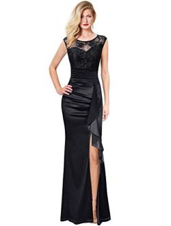 VFSHOW Formal Mesh Embroidery Ruched Ruffles High Slit Evening Prom Wedding Party Maxi Dress