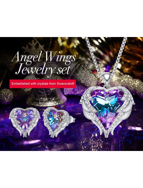 CDE Angel Wing Heart Necklaces and Earrings Christmas Jewelry Gifts Embellished with Crystals from Swarovski 18K White Gold Plated Jewelry Set for Women