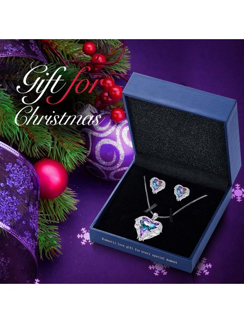 CDE Angel Wing Heart Necklaces and Earrings Christmas Jewelry Gifts Embellished with Crystals from Swarovski 18K White Gold Plated Jewelry Set for Women