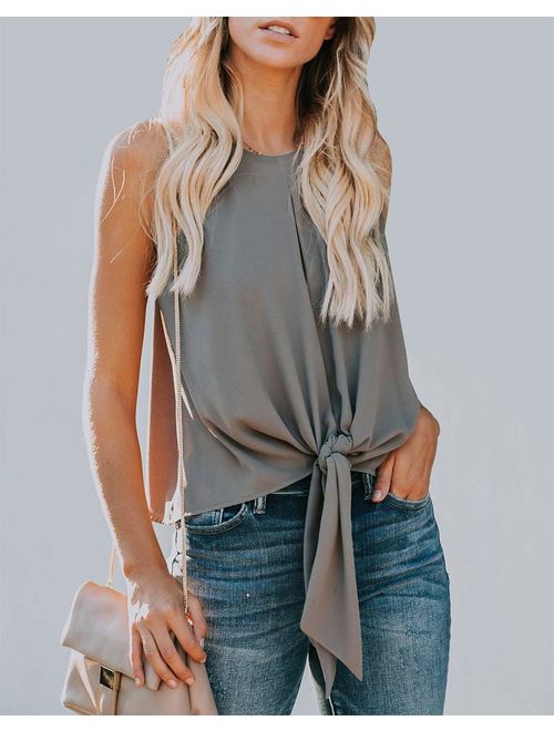 Topstype Women's Summer Sleeveless Crew Neck Tank Tops Camis Front Tie Knot Casual Shirt Keyhole Front Blouse