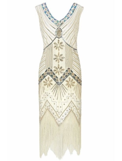 Metme Women's Flapper Dress 1920s V Neck Beaded Fringed Gatsby Theme Roaring 20s Dress for Prom