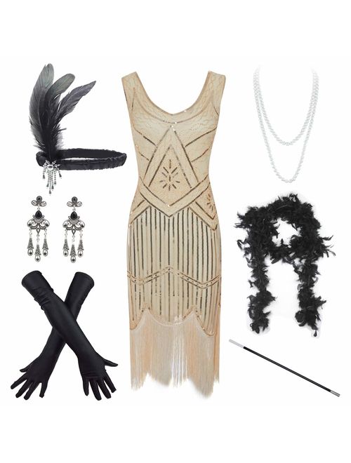 Women's Vintage 1920s Sequin Beaded Tassels Hem Flapper Dress w/Accessories Set