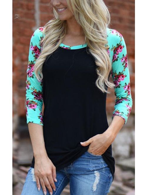 KufvWomens Prints Florals 3/4 Sleeve Crew Neck Top Tshirt