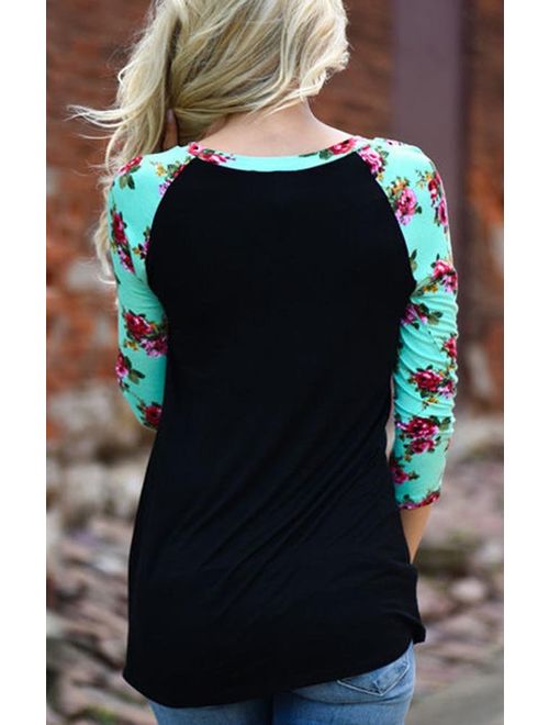 KufvWomens Prints Florals 3/4 Sleeve Crew Neck Top Tshirt