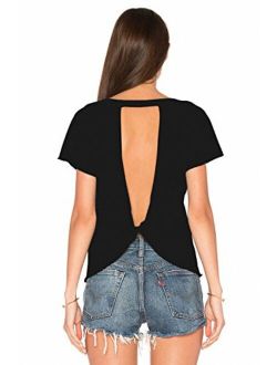 Women's Sexy Backless Short Sleeve Top Back Knot Casual Shirt Tee