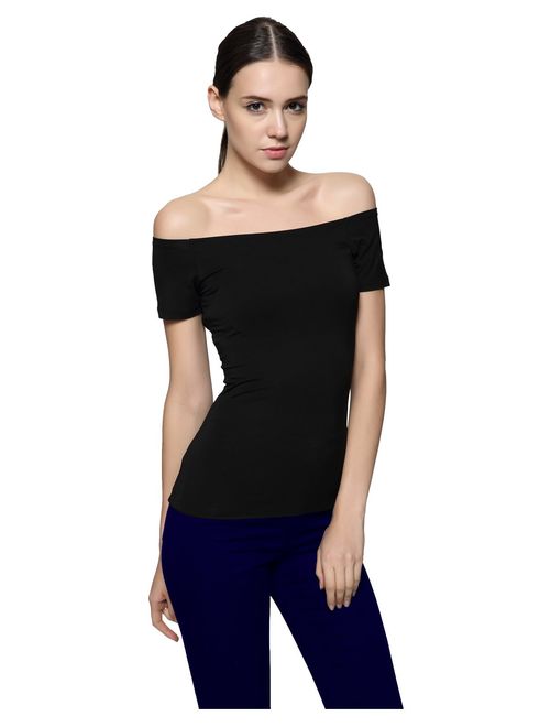 Maggie Tang Short Sleeve Trendy Fitted Off Shoulder Modal Blouse Top T-Shirt