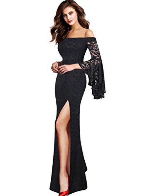 VFSHOW Off Shoulder Bell Sleeve Floral Print Thigh High Slit Formal Evening Party Maxi Dress