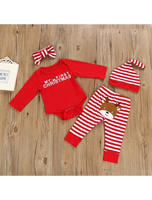 Christmas 4Pcs Outfit Set Baby Girls Boys My First Christmas Rompers