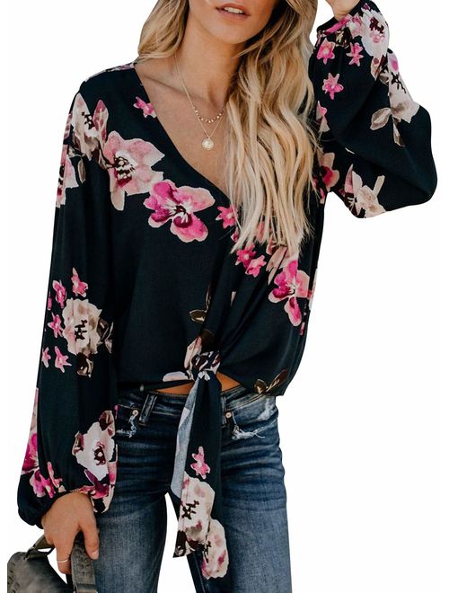 Astylish Womens Casual Floral Print Sexy Long Sleeve Boho Blouses Tops