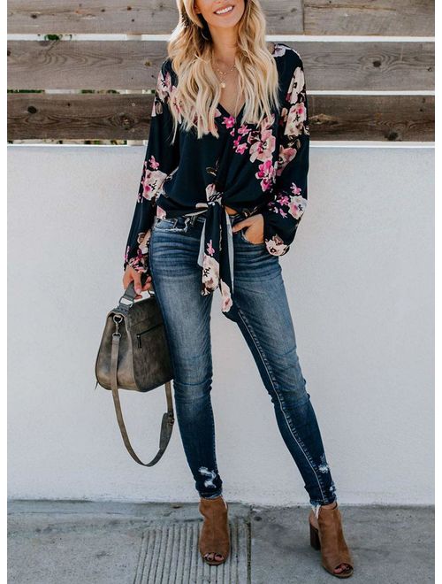 Astylish Womens Casual Floral Print Sexy Long Sleeve Boho Blouses Tops