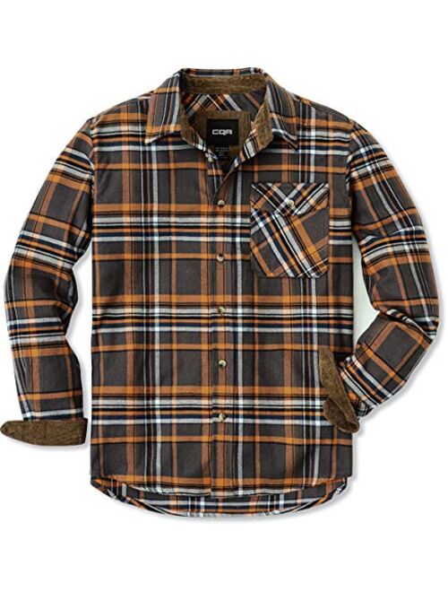 CQR Mens Flannel Long Sleeved Button-Up Plaid All-Cotton Brushed Shirt