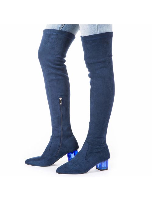 CAMSSOO Womens Comfortable Wide Square Toe Over The Knee Thigh High Low Block Heel Boots