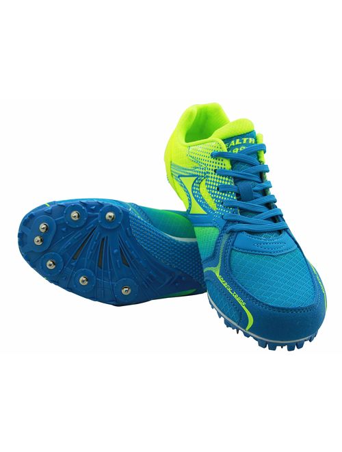 HEALTH Track Spike Running Sprint Shoes Track and Field Shoes Mesh Breathable Lightweight Professional Athletic Shoes 5599 Blue & Red for Kids, Boys, Girls,Womens, Mens