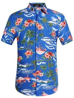 SSLR Men's Flamingos Casual Short Sleeve Aloha Hawaiian Shirt