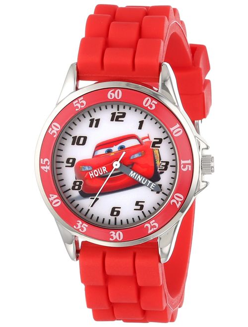 Cars Kids' Analog Watch with Silver-Tone Casing, Red Bezel, Red Strap - Official Cars Lightning McQueen Character on The Dial, Time-Teacher Watch, Safe for Children - Mod