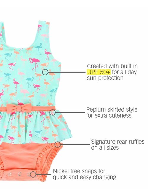 RuffleButts Infant/Toddler Girls Peplum Short Sleeve One Piece Swimsuit UPF 50+ Sun Protection