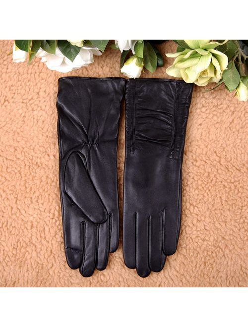 Women's Lambskin Touchscreen Texting Leather Gloves Winter Lined Long Sleeves for Iphone Smartphone