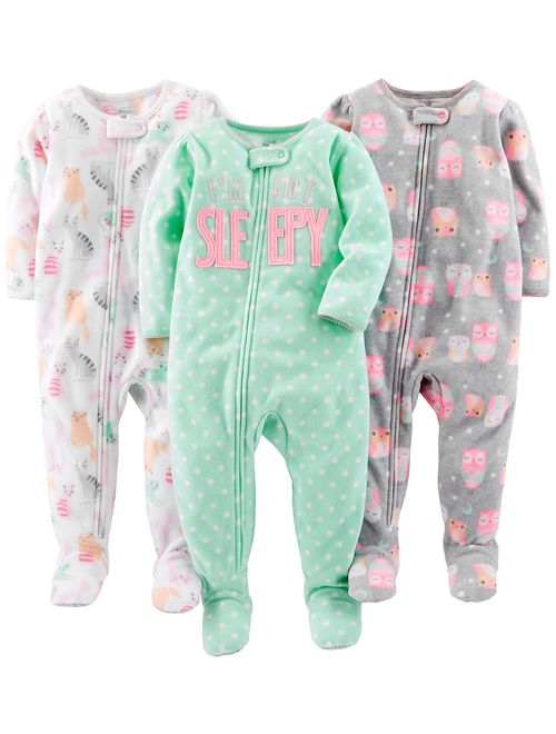 Simple Joys by Carter's Baby and Toddler Girls' 3-Pack Loose Fit Fleece Footed Pajamas