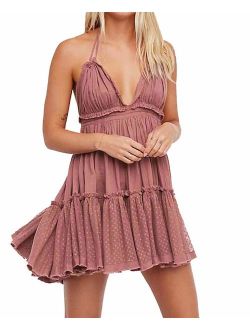 R.Vivimos Womens Summer Halter Deep V Neck Sexy Patchwork Mini Short Dresses