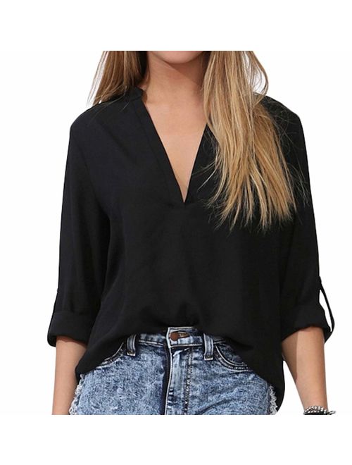 FACE N FACE Women's Summer V Neck Solid Loose Casual Cuffed Long Sleeve Blouses