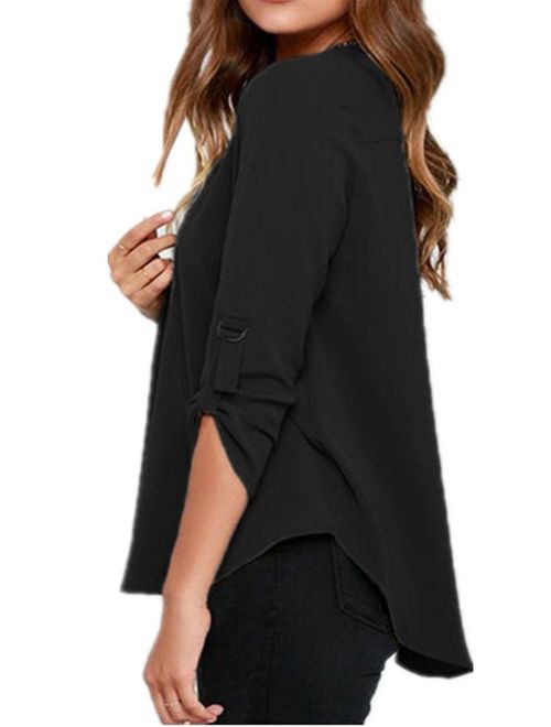 FACE N FACE Women's Summer V Neck Solid Loose Casual Cuffed Long Sleeve Blouses
