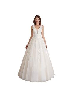 Women's Wedding Dress for Bride Lace Applique Evening Dress V Neck Straps Ball Gowns
