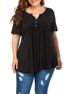 POSESHE Women's Plus Size Henley V Neck Button up Tunic Tops Casual Short Sleeve Blouse Shirts