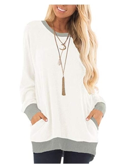 GADEWAKE Womens Casual Color Block Long Sleeve Round Neck Pocket T Shirts Blouses Sweatshirts Tops