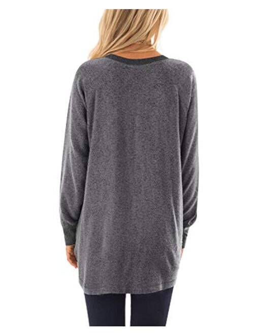 GADEWAKE Womens Casual Color Block Long Sleeve Round Neck Pocket T Shirts Blouses Sweatshirts Tops