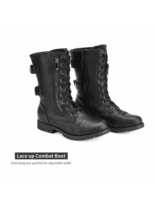 DREAM PAIRS Women's Lace up Mid Calf Military Combat Boots
