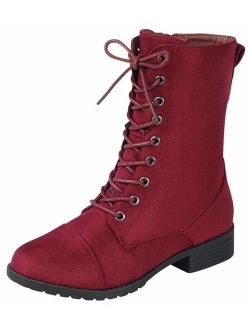Link Womens Round Toe Military Lace up Knit Ankle Cuff Low Heel Combat Boots