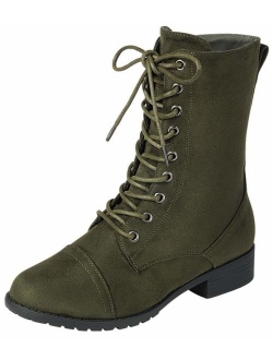 Link Womens Round Toe Military Lace up Knit Ankle Cuff Low Heel Combat Boots