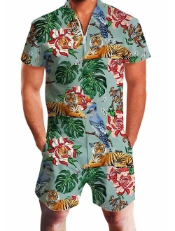 UNIFACO Mens Printed One Piece Short Sleeve Zipper Rompers Summer Short Jumpsuit Overall Pants w/Pocket