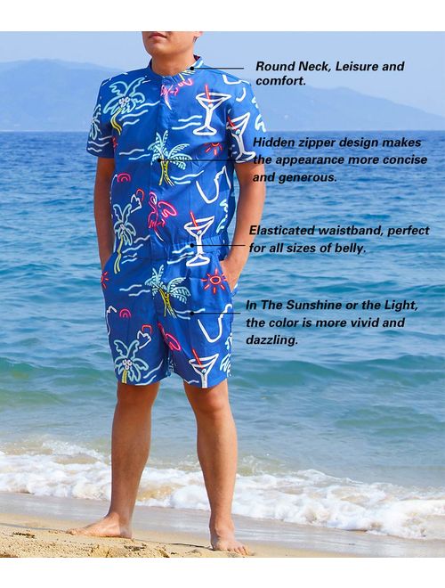 UNIFACO Mens Printed One Piece Short Sleeve Zipper Rompers Summer Overall Pocket S-XXL 