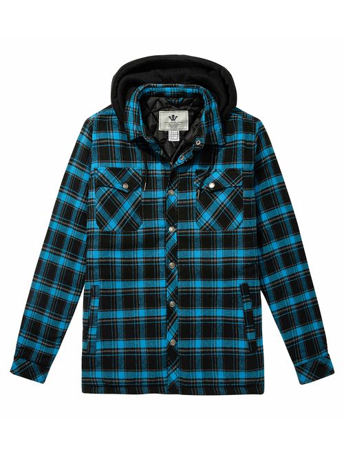 WenVen Men's Thicken Plaid Flannel Quilted Shirts Jacket with Removable Hood