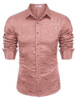 Mens Floral Rose Printed Long Sleeve Dress Shirts Prom Wedding Party Button Down Silk Shirts
