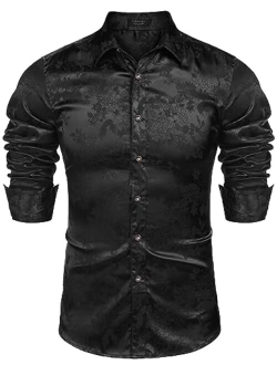 Mens Floral Rose Printed Long Sleeve Dress Shirts Prom Wedding Party Button Down Silk Shirts