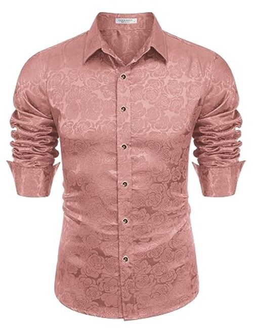 COOFANDY Mens Floral Rose Printed Long Sleeve Dress Shirts Prom Wedding Party Button Down Silk Shirts