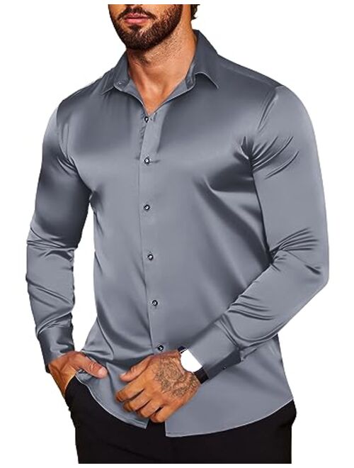 COOFANDY Mens Floral Rose Printed Long Sleeve Dress Shirts Prom Wedding Party Button Down Silk Shirts