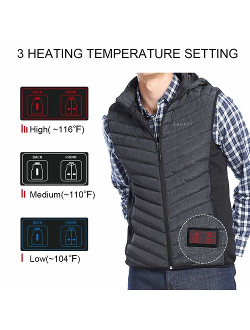 3 Heating Levels AKASO Mens Nomad Battery Heated Vest Overheat Protection Recycled Insulation Independent Front Back Control Removable Hood 10000mAh Power Bank and Laundry Bag Included 