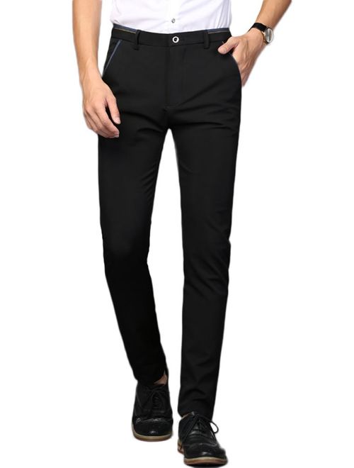Plaid&Plain Black Solid Skinny Slim Fit Suit Pants