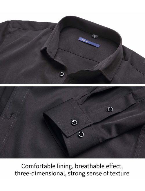 FLY HAWK Grey Dress Shirts, Slim Fit Long Sleeves Elastic Bamboo Fiber Button Down Shirts
